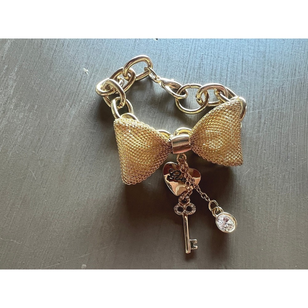 Guess Charm Bracelet 8" Gold Tone Mesh Bow Heart Key Crystal Glam Y2K